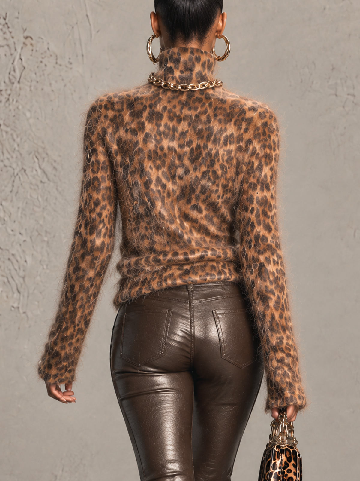 Leopard Print Fuzzy Turtleneck Long Sleeve Top