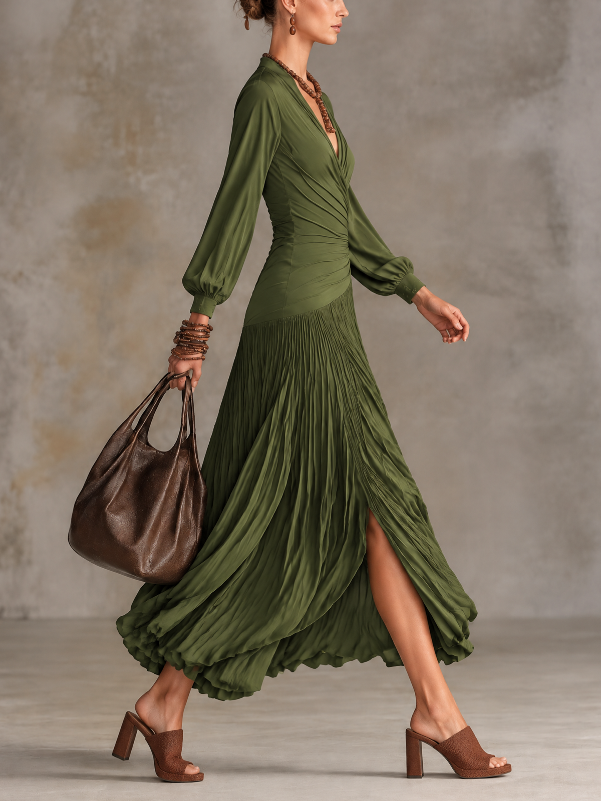 Olive Green Wrap V-Neck Pleated Long Sleeve Maxi Dress