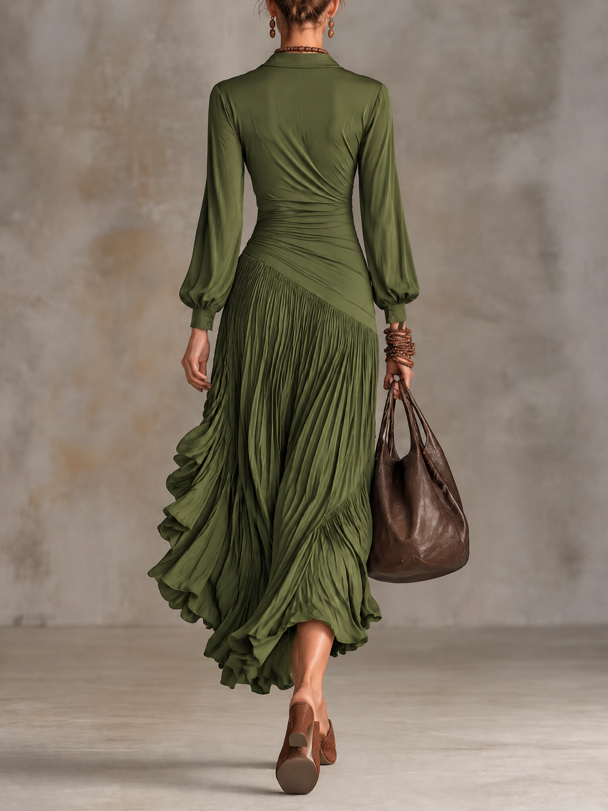 Olive Green Wrap V-Neck Pleated Long Sleeve Maxi Dress
