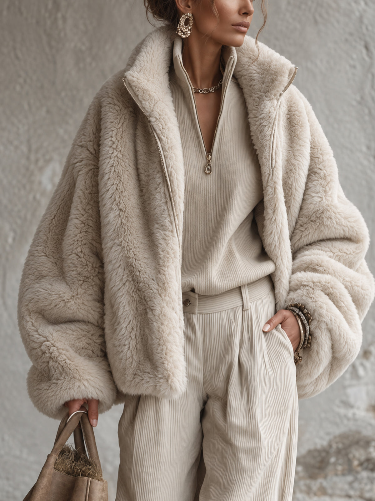 Oatmeal Faux Rabbit Fur Oversized Bomber Jacket