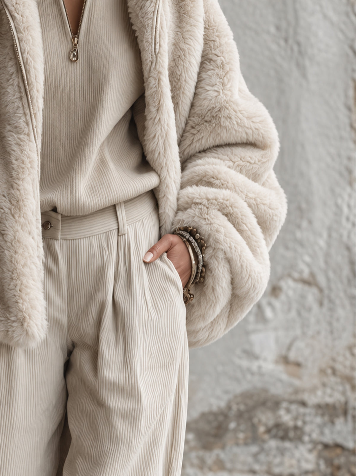 Oatmeal Faux Rabbit Fur Oversized Bomber Jacket