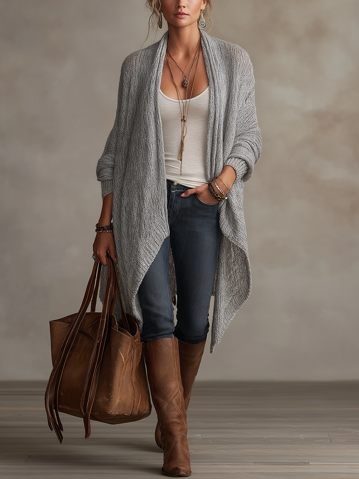 Light Gray Chunky Knit Waterfall Open Front Long Cardigan