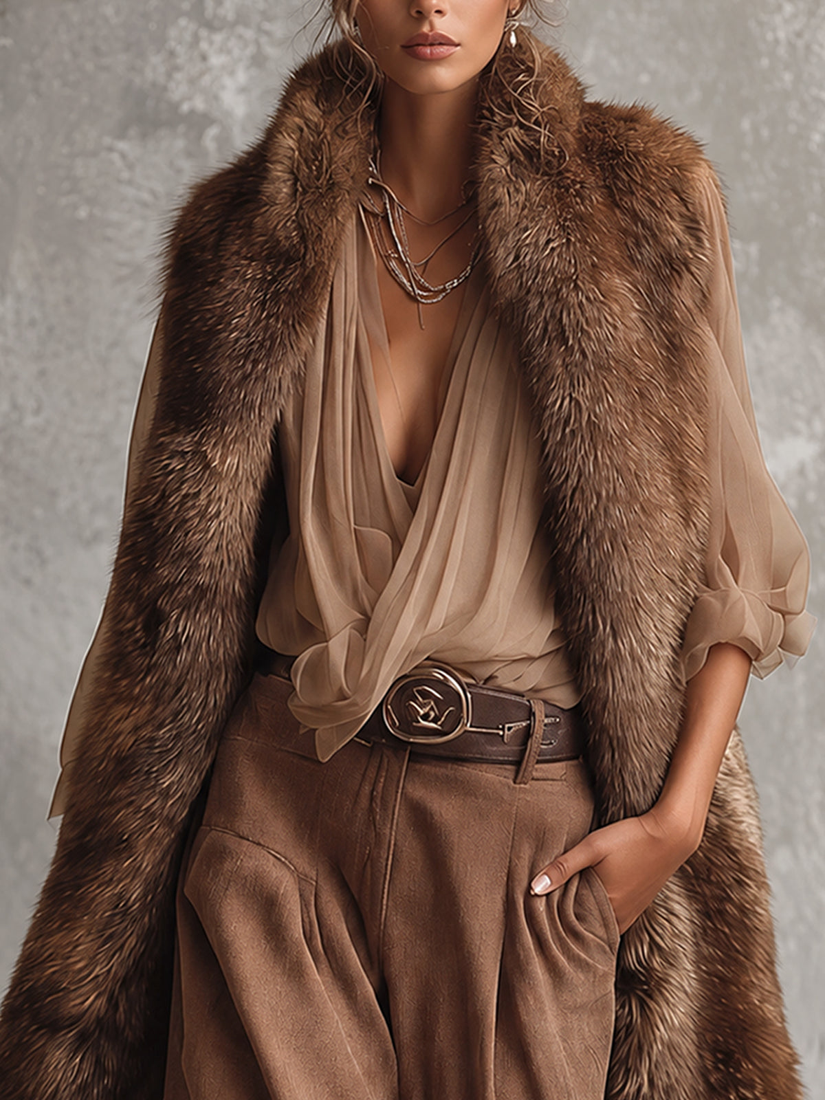 Brown Oversized Faux Fox Fur Sleeveless Longline Coat