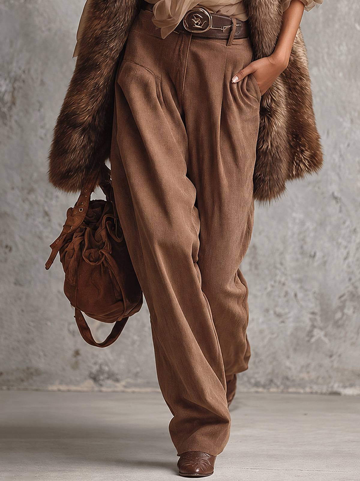 Brown Oversized Faux Fox Fur Sleeveless Longline Coat