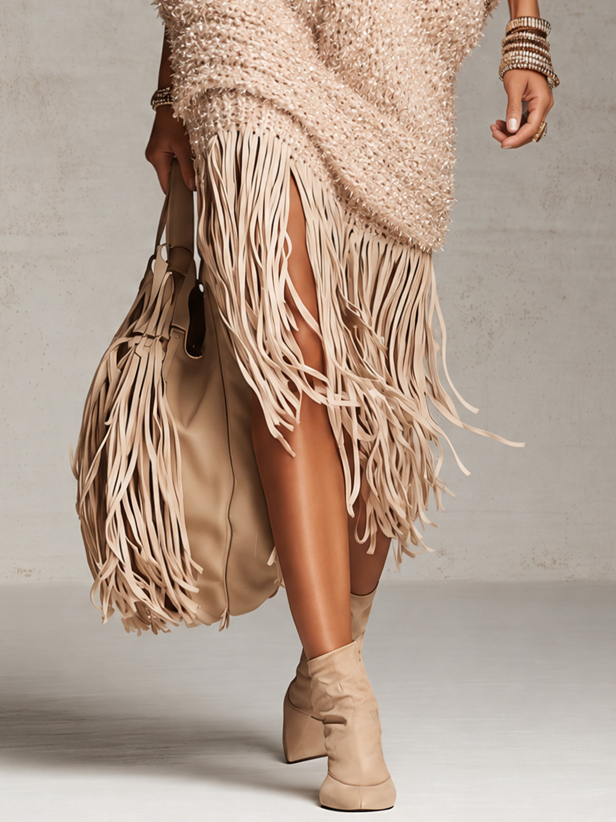 Blush Pink Oversized Hooded Knit Fringe Midi Dress
