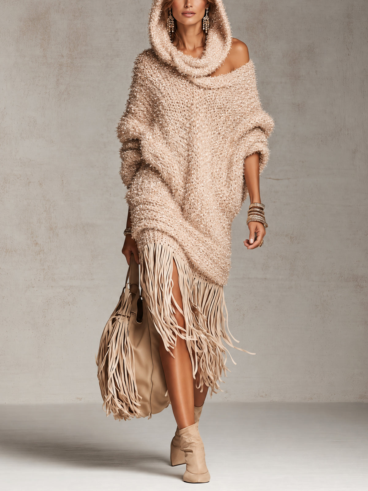 Blush Pink Oversized Hooded Knit Fringe Midi Dress