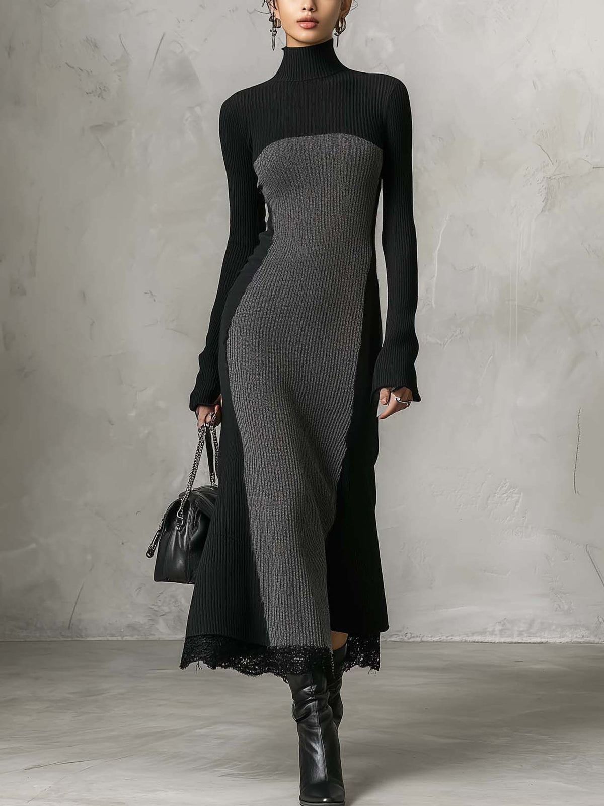 Black And Gray Two-Tone Ribbed Knit Bodycon Maxi Dress With Lace Hem