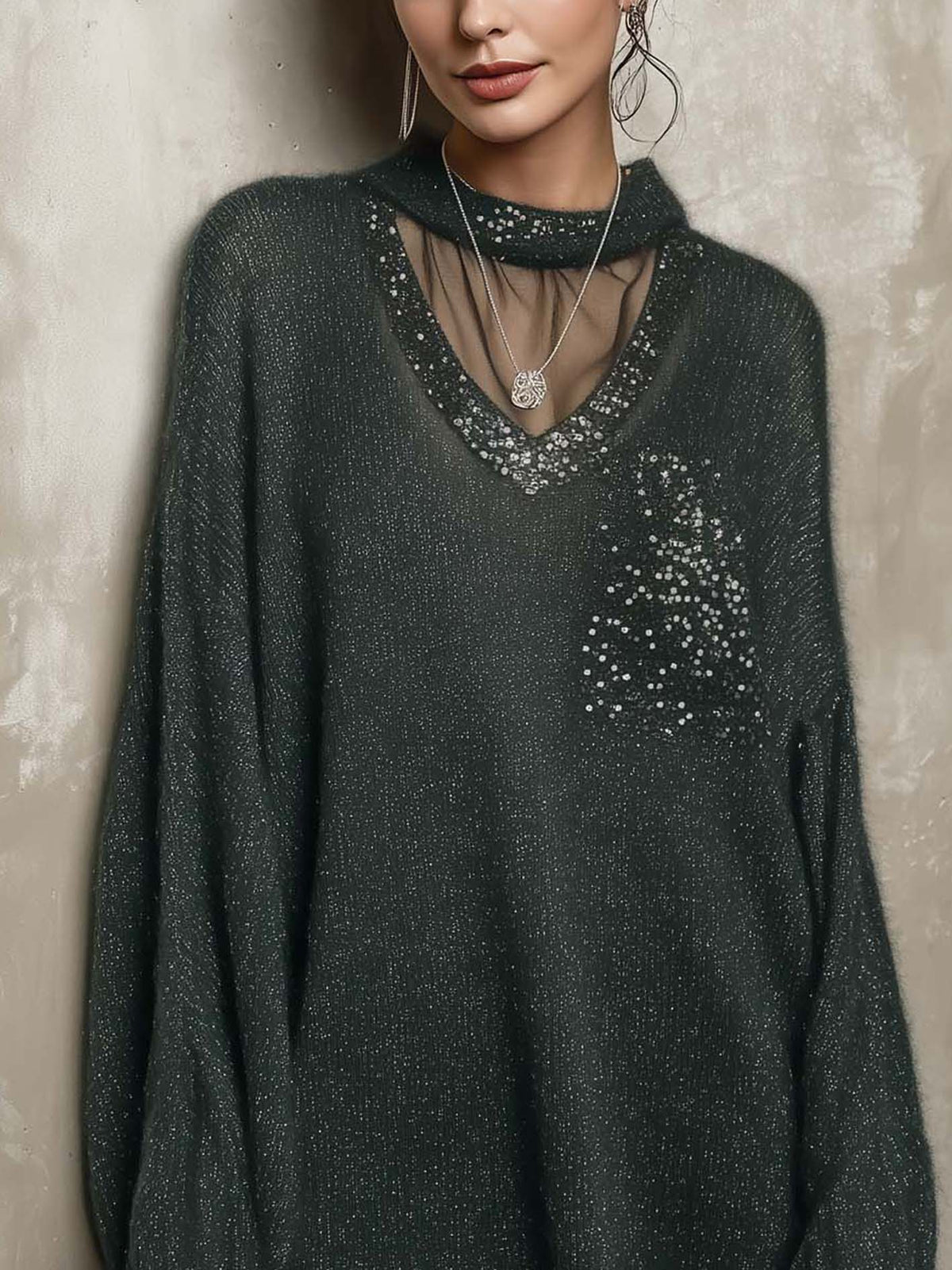 Emerald Green Shimmer Knit Mini Sweater Dress With Sheer Mesh Yoke And Sequin Trim