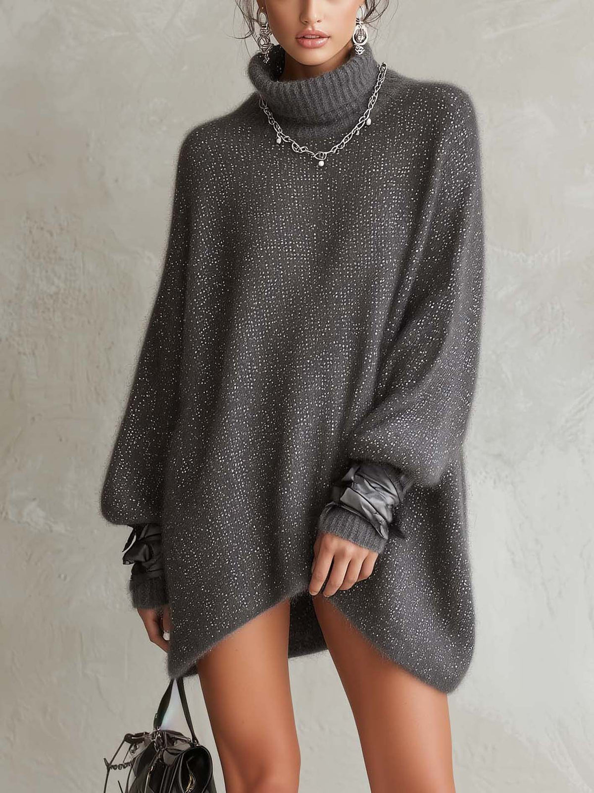 Charcoal Gray Shimmer Fuzzy Knit Mini Sweater Dress With Ribbon-Tie Cuffs