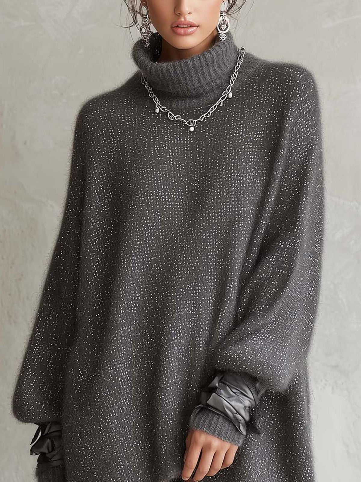 Charcoal Gray Shimmer Fuzzy Knit Mini Sweater Dress With Ribbon-Tie Cuffs