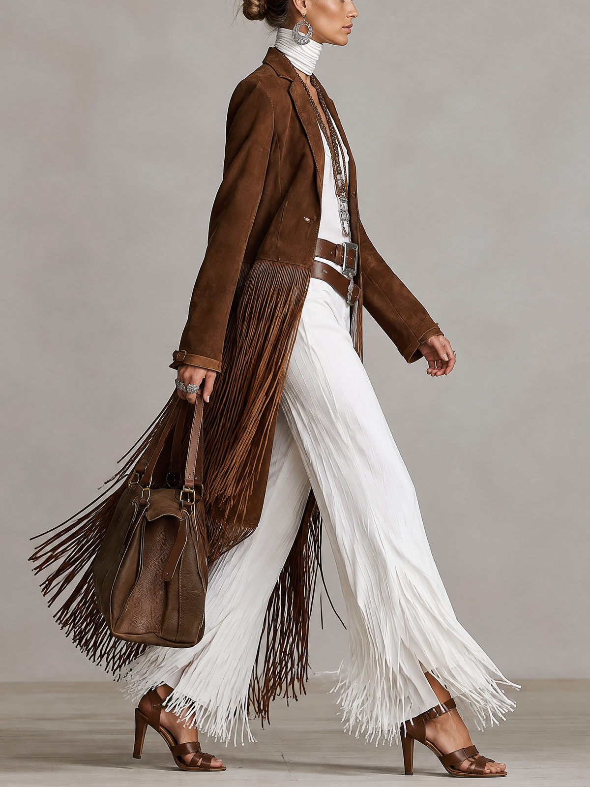 Brown Faux Suede Lapel Fringe Long Coat