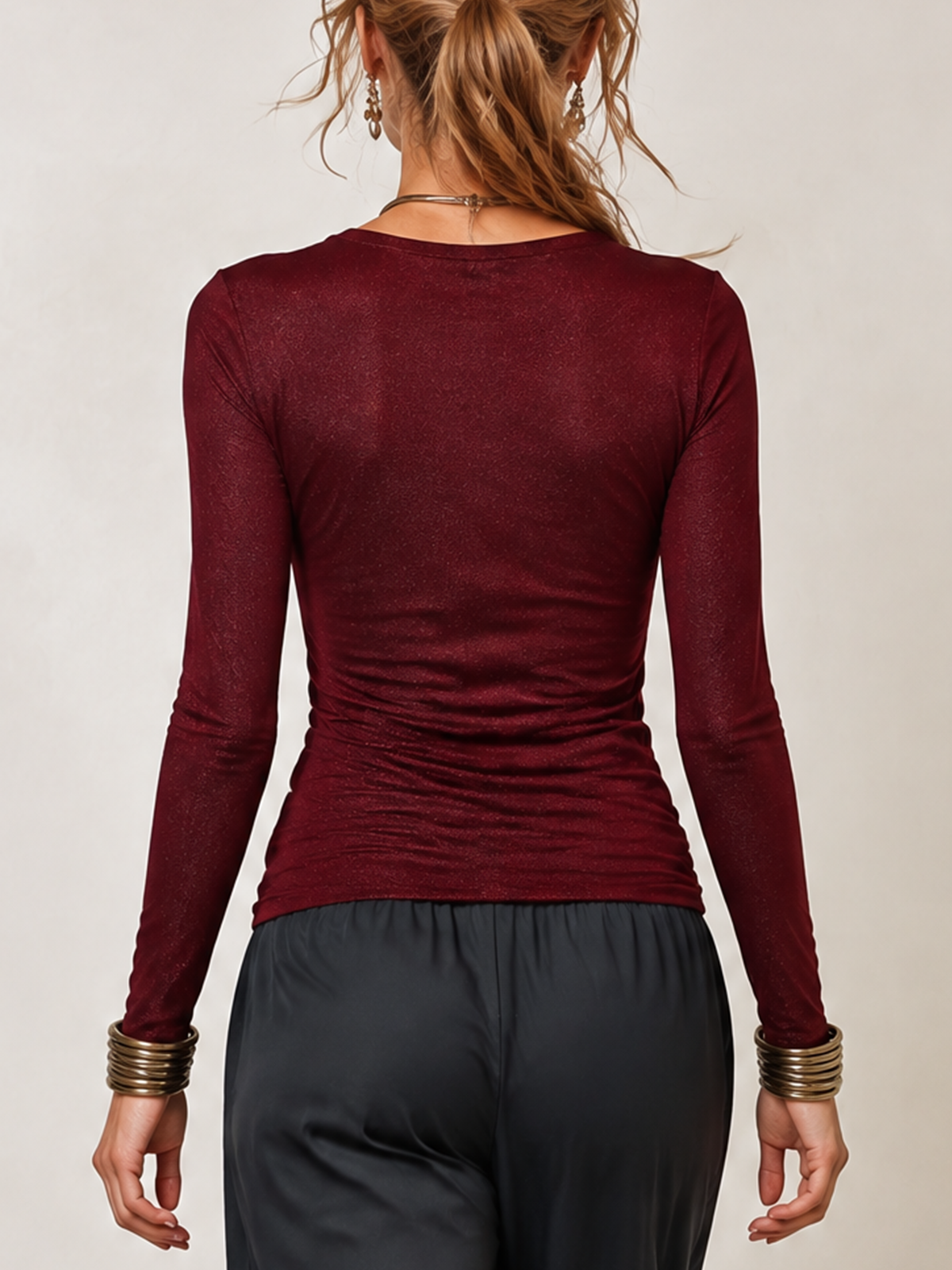 Burgundy Shimmer Cowl Neck Long Sleeve Top