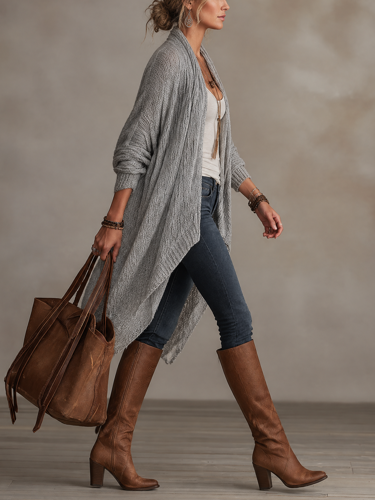 Light Gray Chunky Knit Waterfall Open Front Long Cardigan