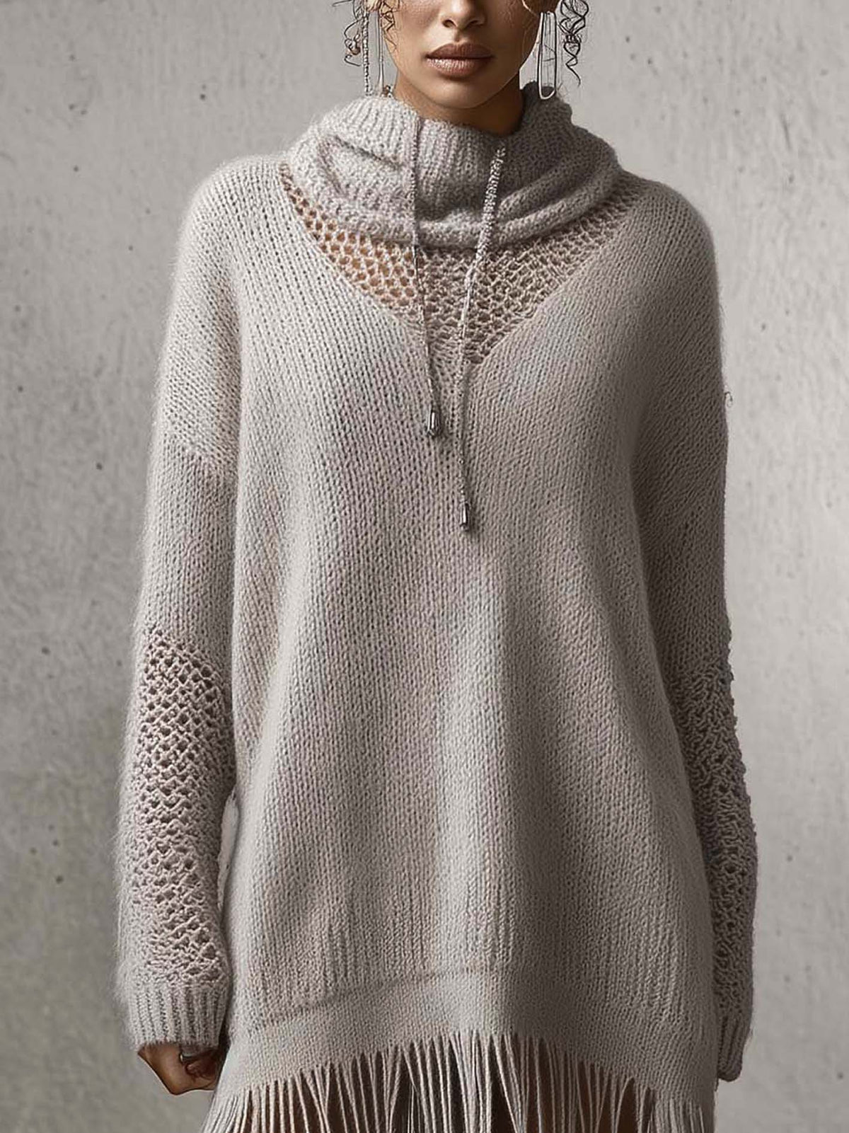 Taupe Openwork Knit Mini Sweater Dress With Fringe Hem