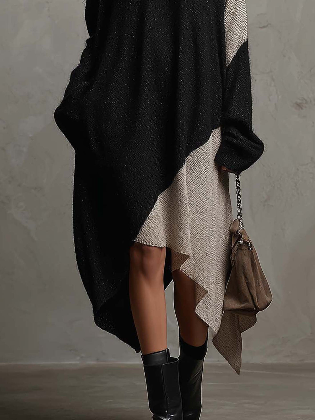 Black And Beige Color Block Knit Midi Dress With Asymmetrical Handkerchief Hem