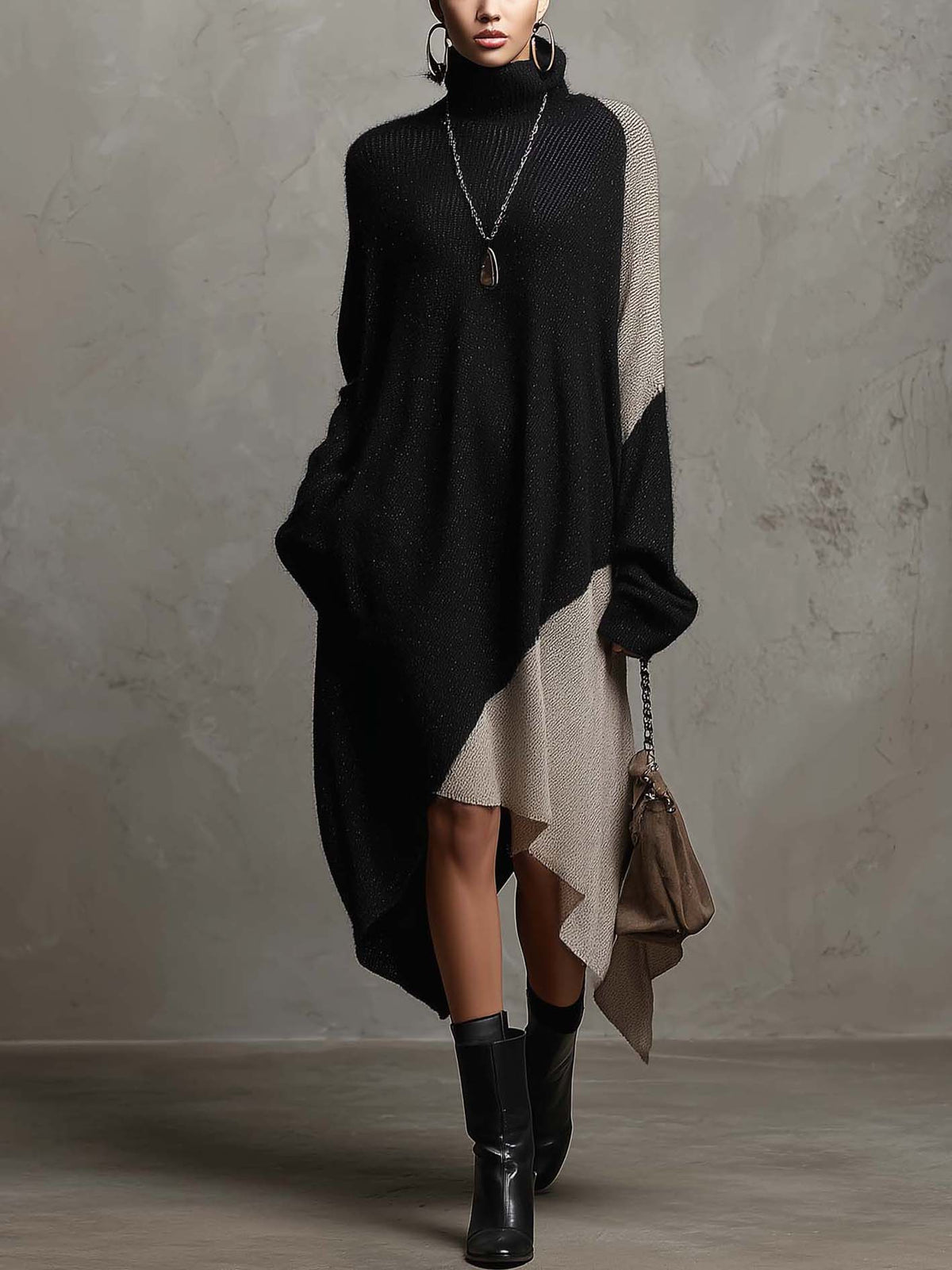 Black And Beige Color Block Knit Midi Dress With Asymmetrical Handkerchief Hem