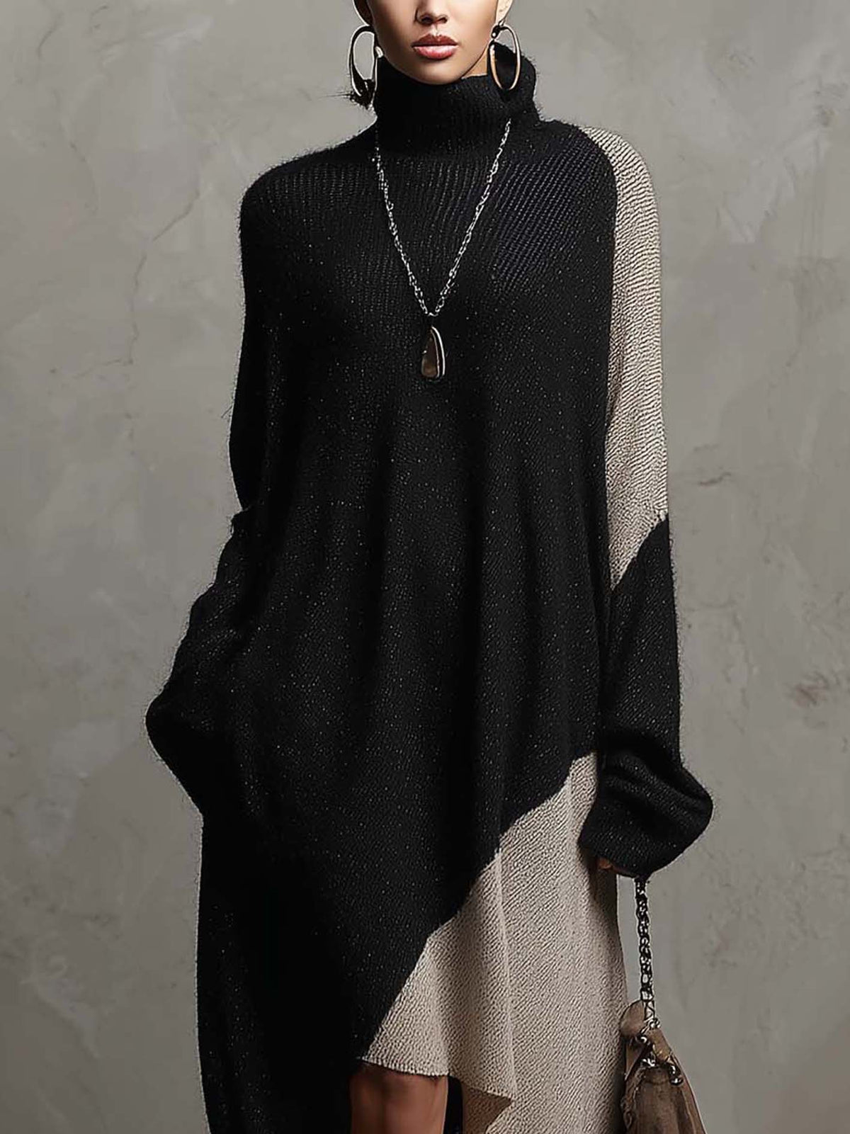 Black And Beige Color Block Knit Midi Dress With Asymmetrical Handkerchief Hem