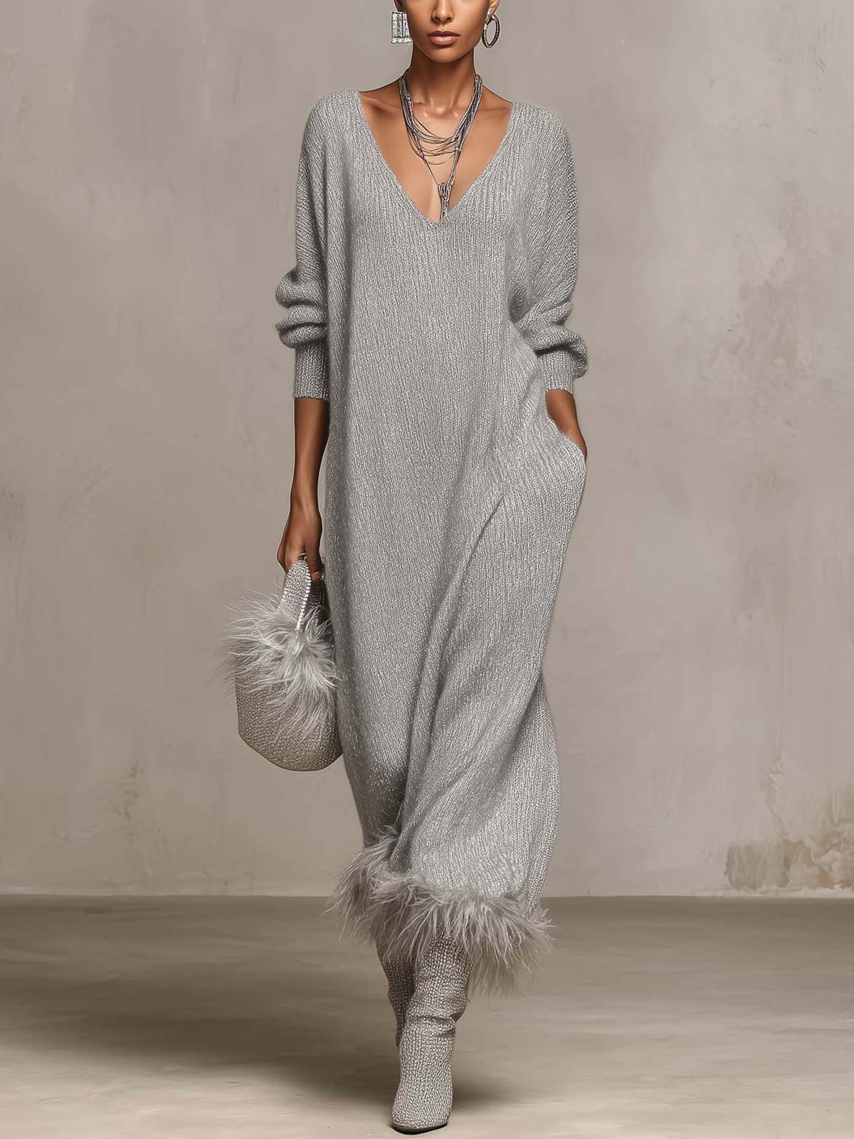 Silver Gray Shimmer Knit Maxi Dress With Faux Feather Trim Hem