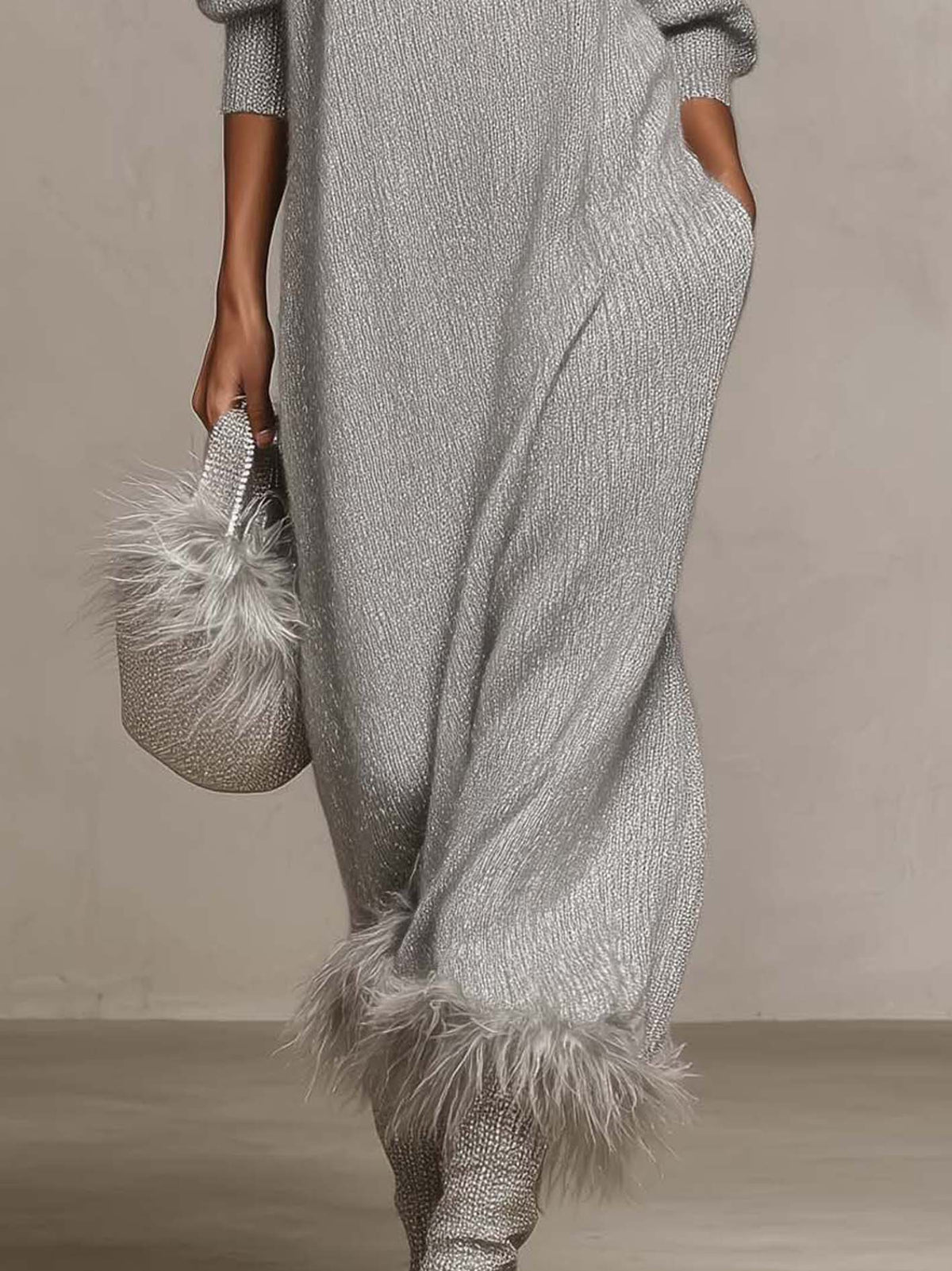 Silver Gray Shimmer Knit Maxi Dress With Faux Feather Trim Hem