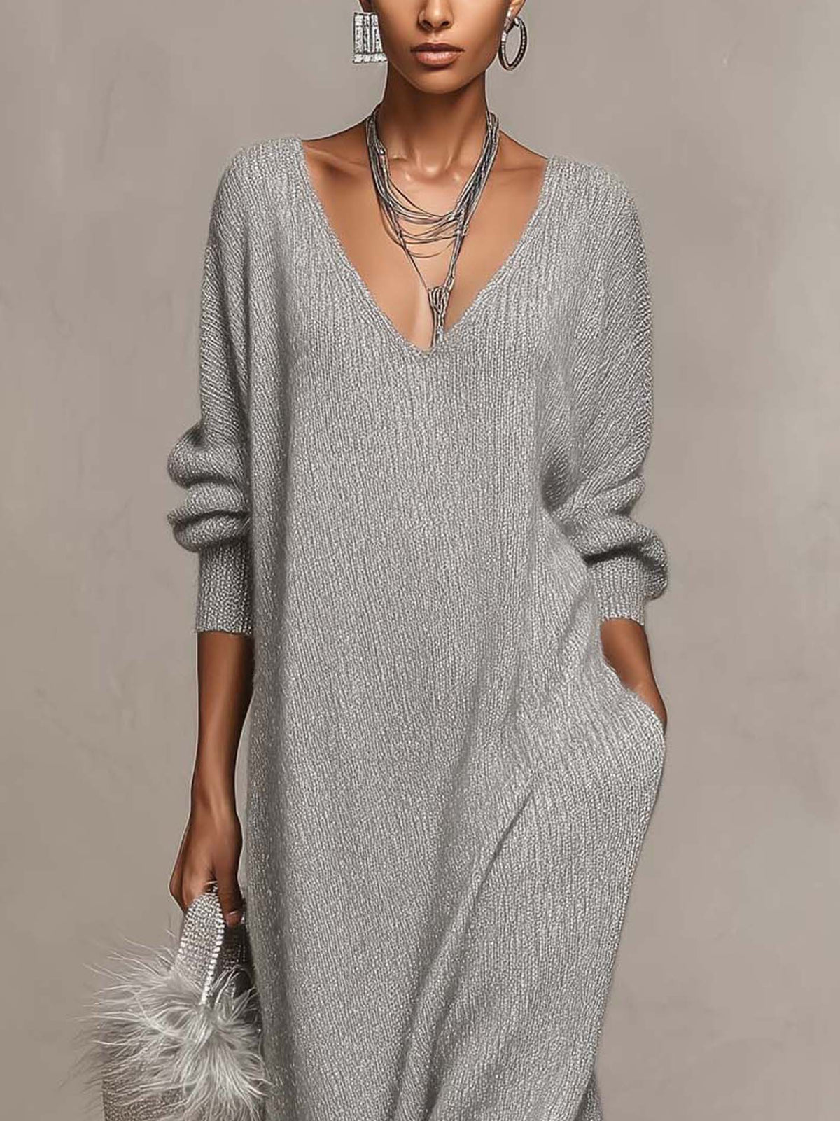 Silver Gray Shimmer Knit Maxi Dress With Faux Feather Trim Hem