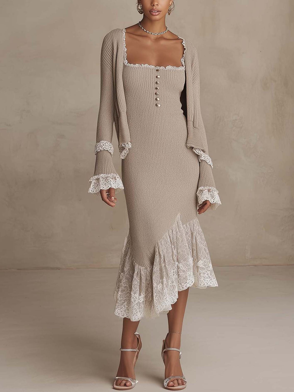 Oatmeal Beige Ribbed Knit Bodycon Midi Dress And Cropped Cardigan Set With Lace Trim