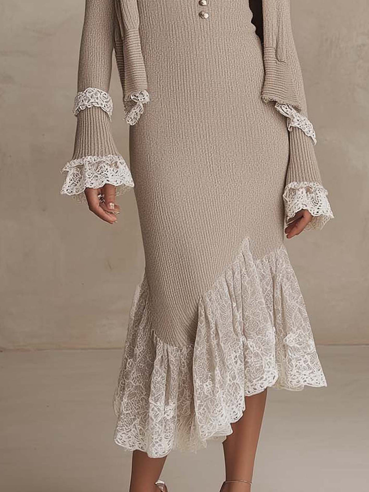 Oatmeal Beige Ribbed Knit Bodycon Midi Dress And Cropped Cardigan Set With Lace Trim