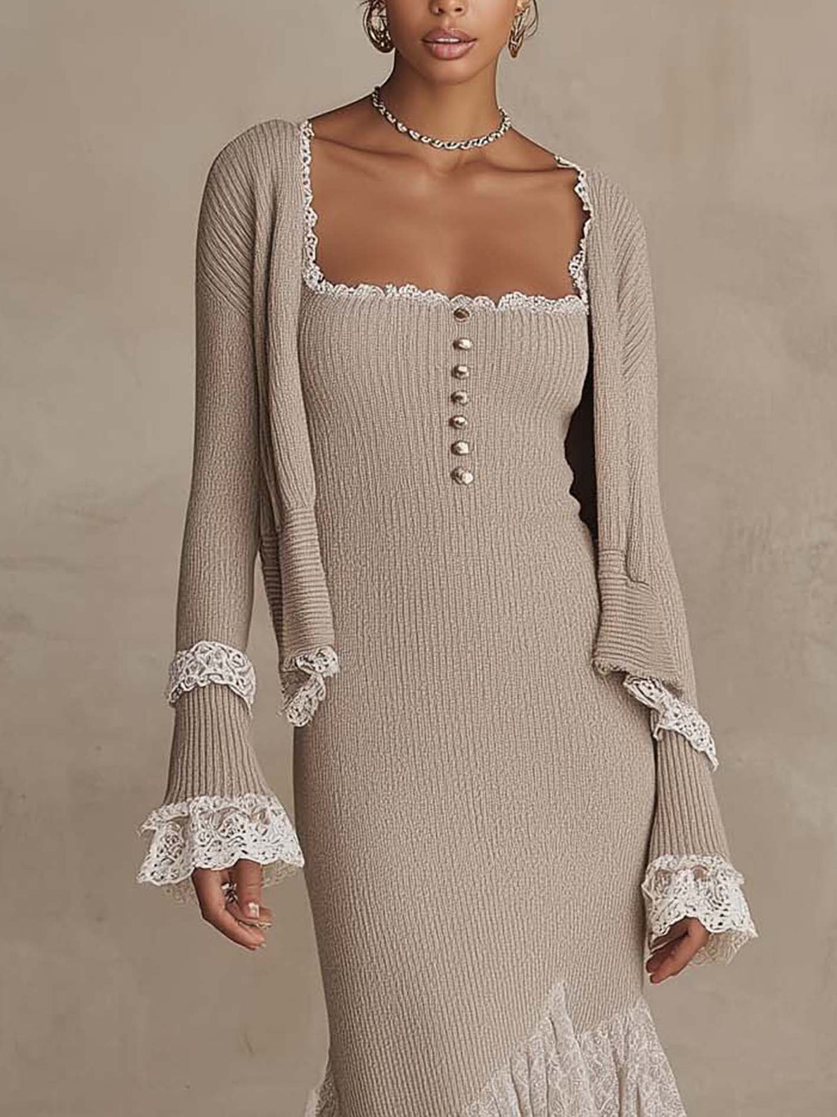 Oatmeal Beige Ribbed Knit Bodycon Midi Dress And Cropped Cardigan Set With Lace Trim