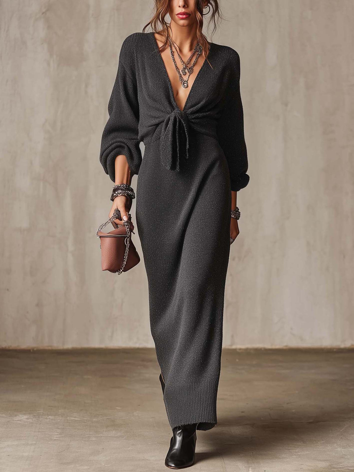 Deep Charcoal Textured Knit Maxi Dress With Front Tie Waist
