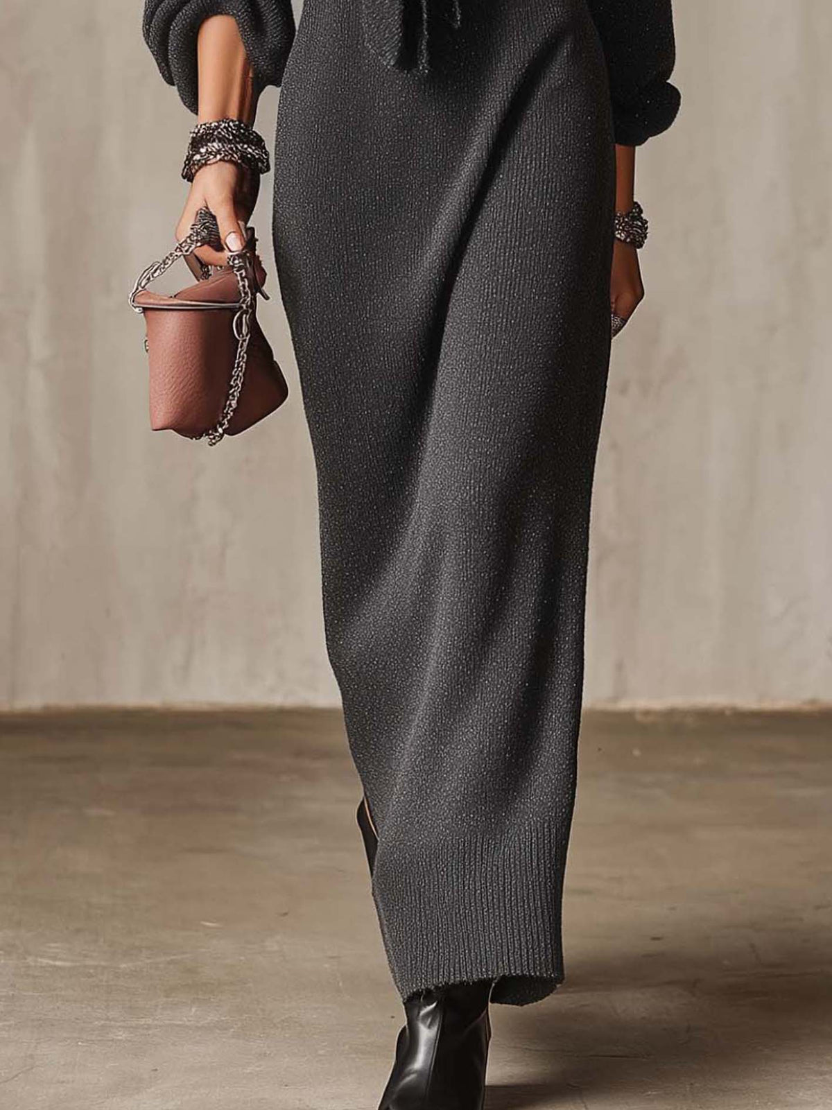 Deep Charcoal Textured Knit Maxi Dress With Front Tie Waist