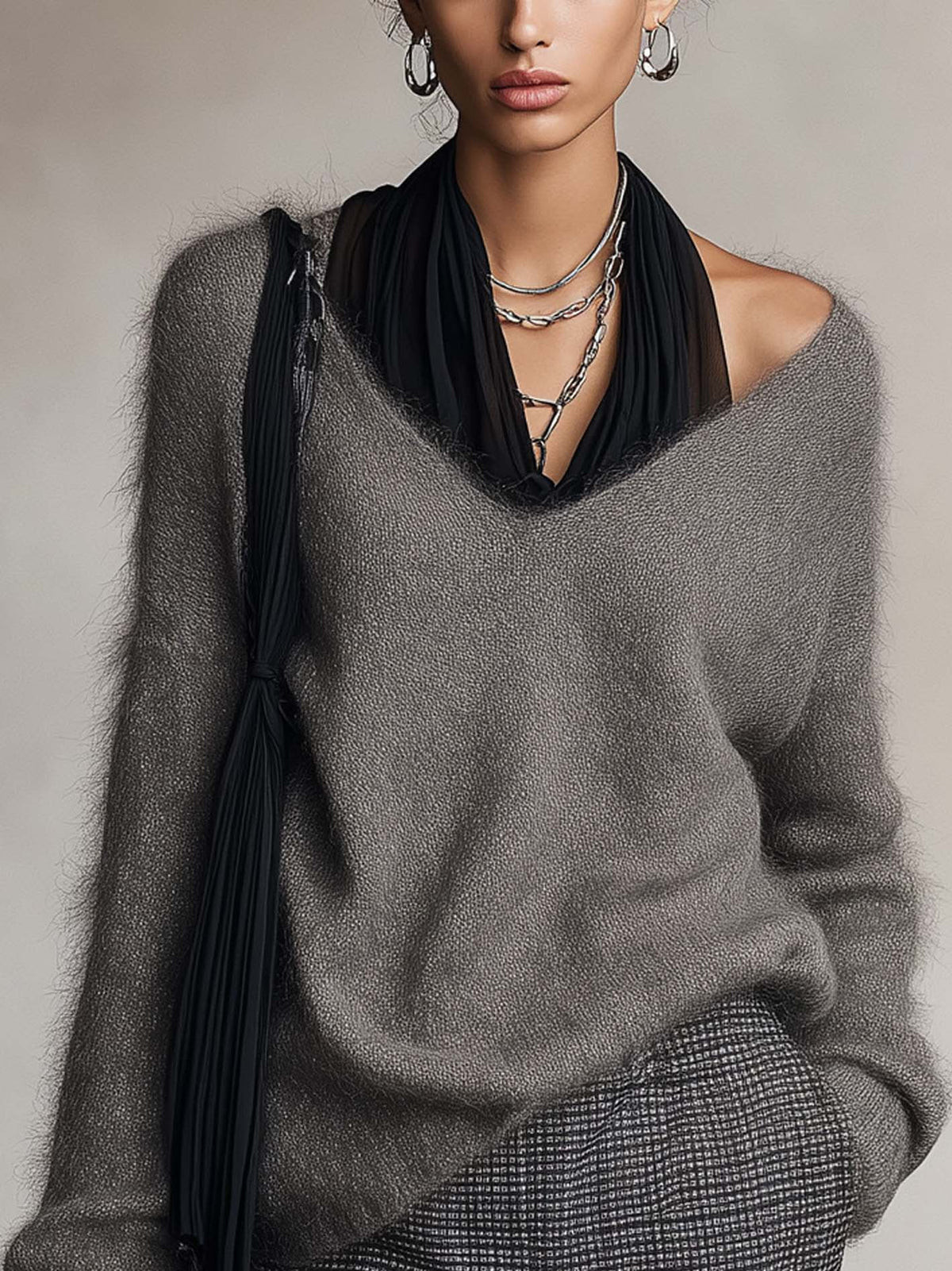 Charcoal Gray Fuzzy Knit Sweater With Black Chiffon Halter Neck Detail