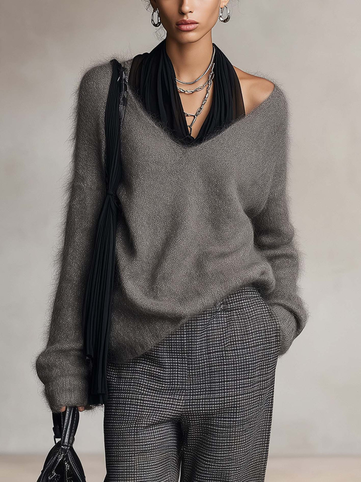 Charcoal Gray Fuzzy Knit Sweater With Black Chiffon Halter Neck Detail
