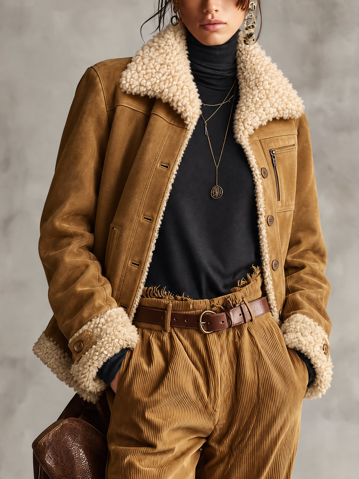 Camel Suede Long Sleeve Jacket With Shearling Trim