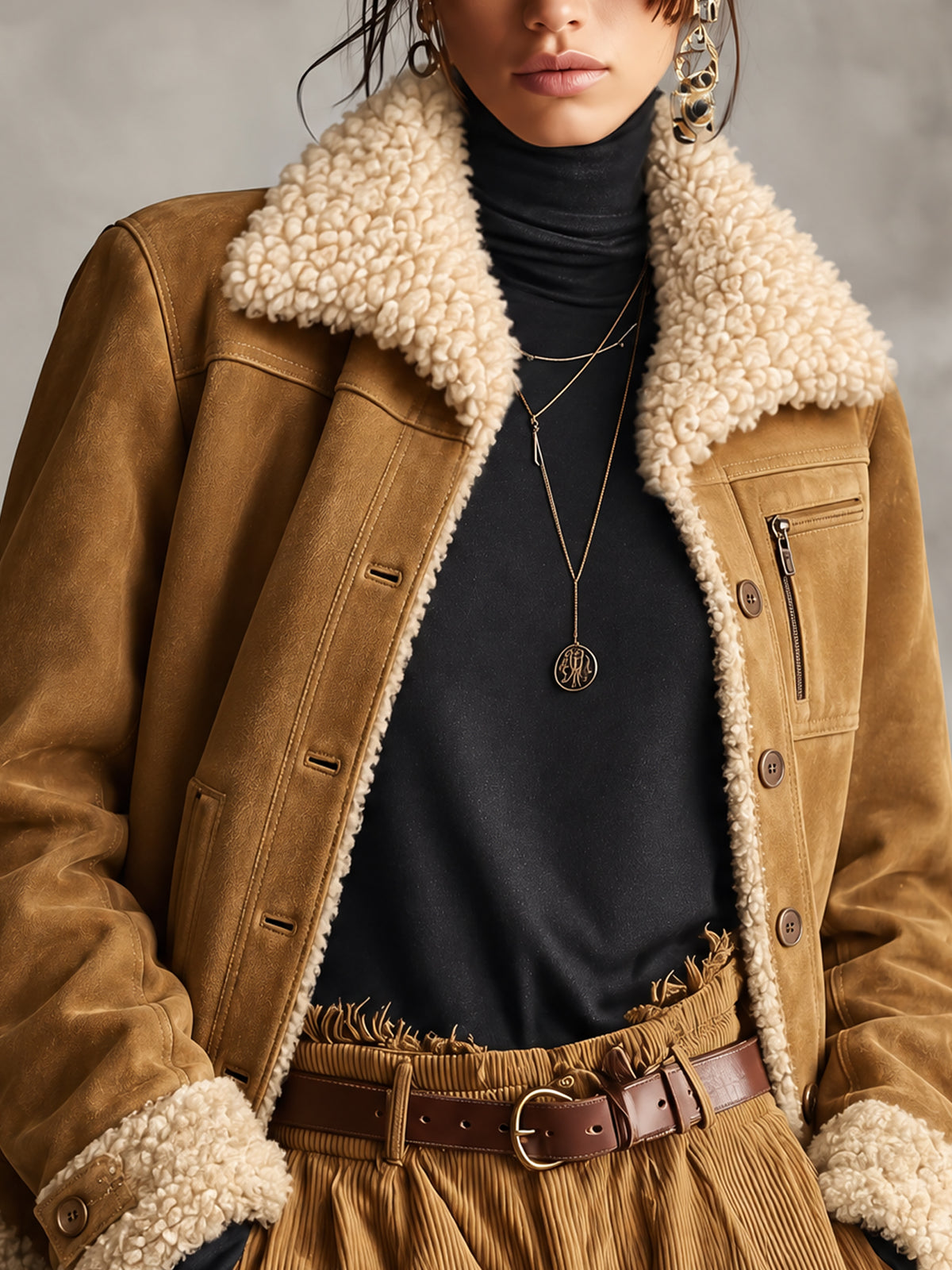 Camel Suede Long Sleeve Jacket With Shearling Trim
