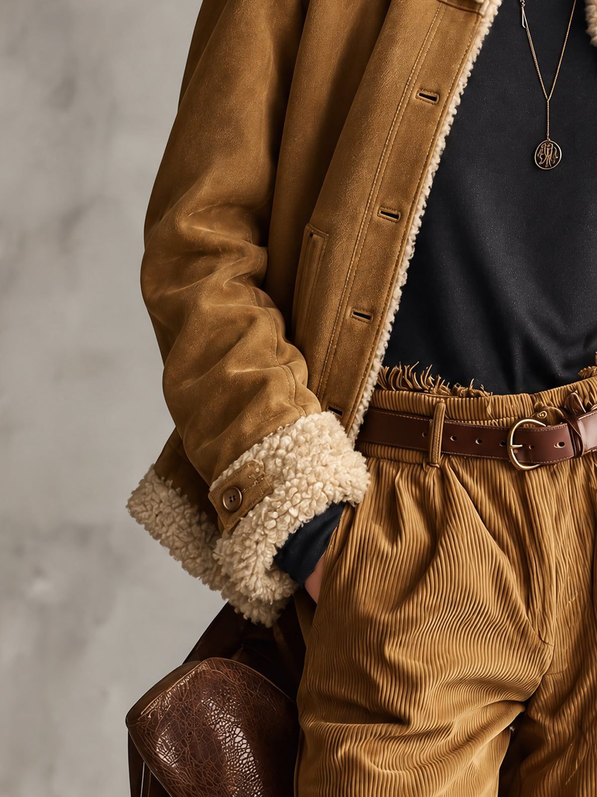 Camel Suede Long Sleeve Jacket With Shearling Trim