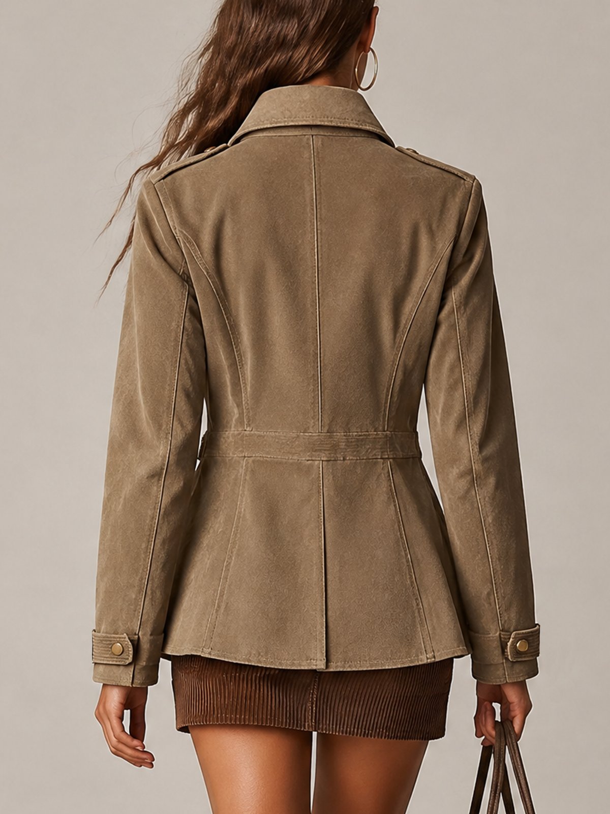 Khaki Faux Suede Military Style Short Jacket