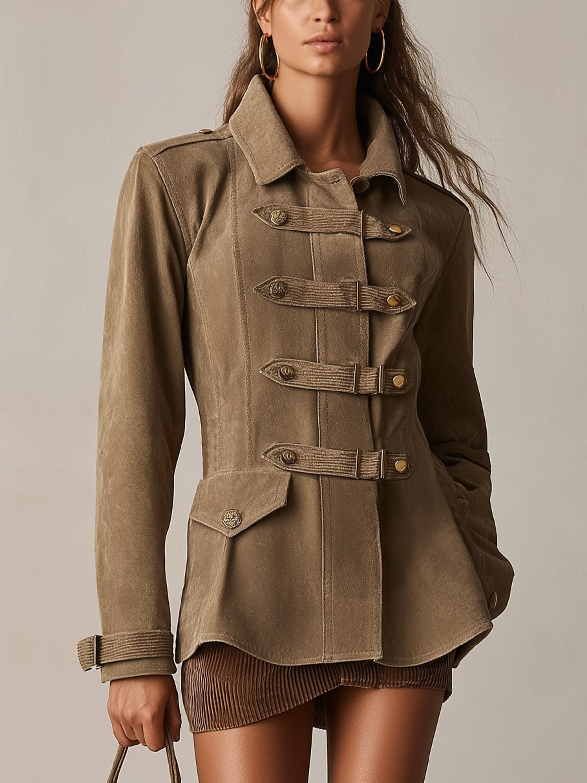 Khaki Faux Suede Military Style Short Jacket