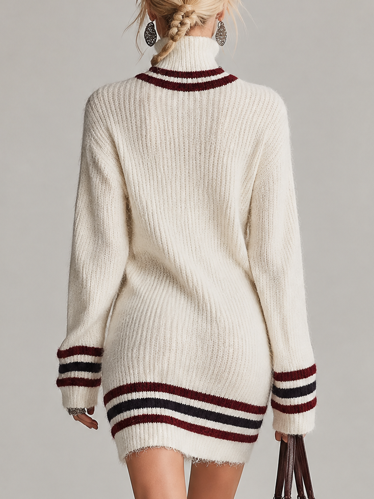 Cream Striped Turtleneck Knit Mini Dress