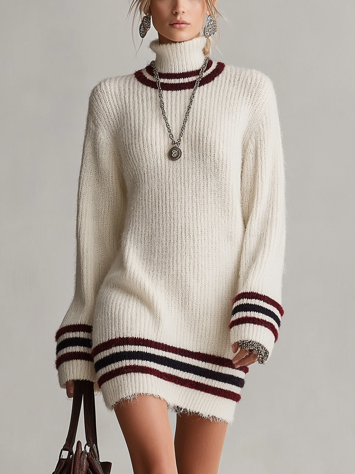 Cream Striped Turtleneck Knit Mini Dress