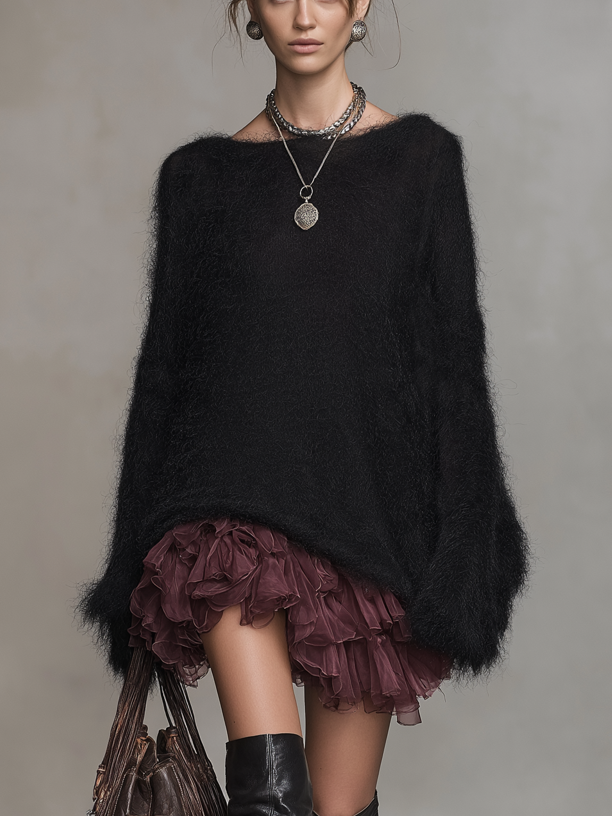 Black Fuzzy Knit Burgundy Ruffle Mini Dress