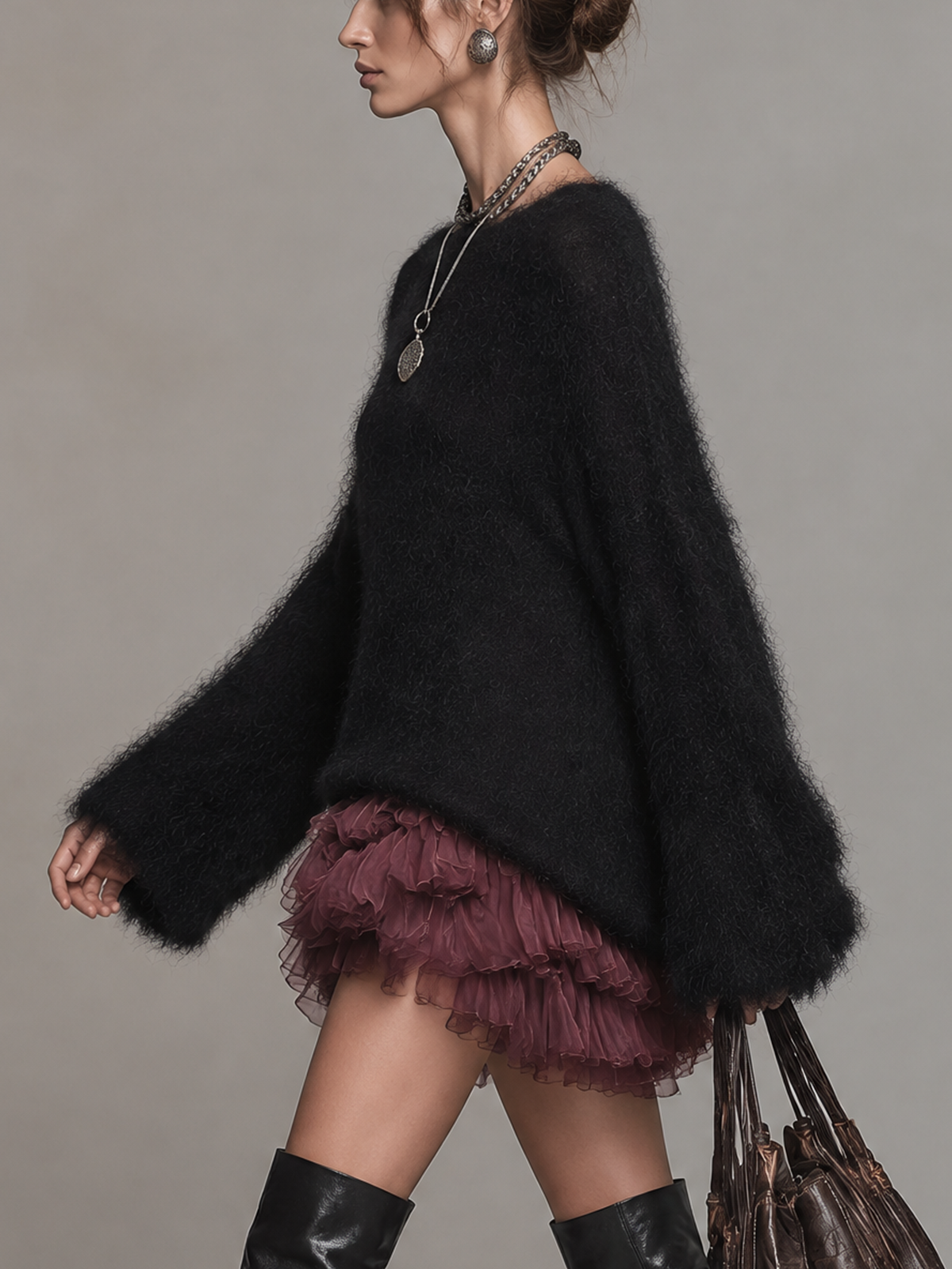 Black Fuzzy Knit Burgundy Ruffle Mini Dress