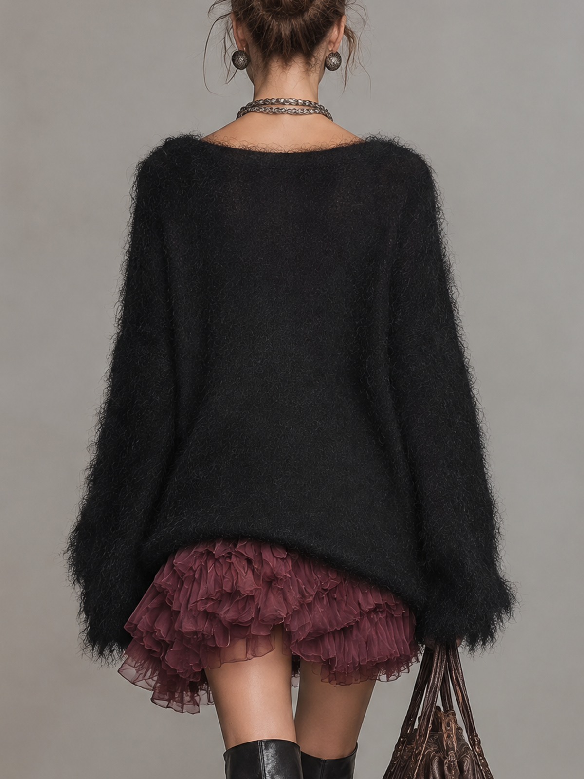 Black Fuzzy Knit Burgundy Ruffle Mini Dress