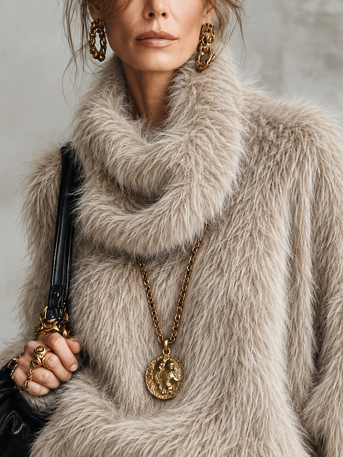 Camel Oversized Faux Mink Knit Cowl Neck Sweater