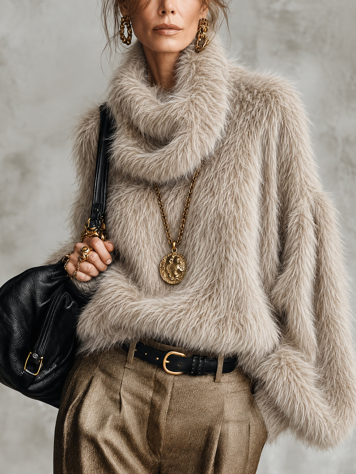 Camel Oversized Faux Mink Knit Cowl Neck Sweater