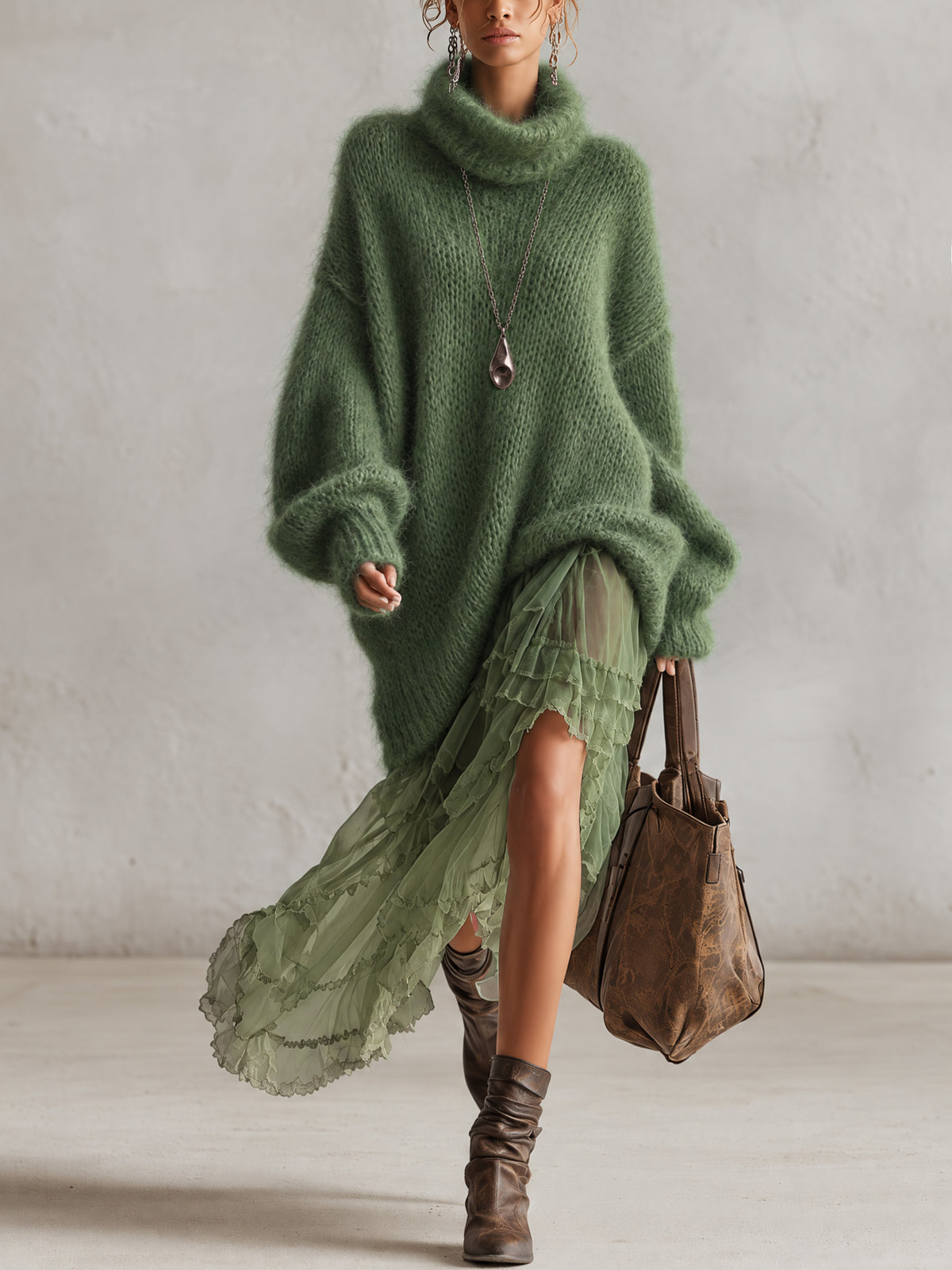 Green Oversized Mohair Knit Turtleneck Midi Dress With Chiffon Ruffle Hem