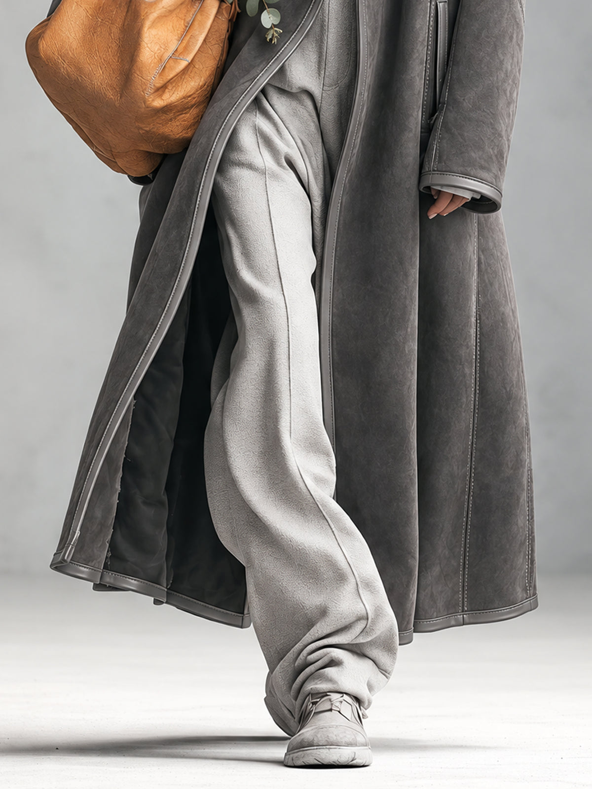 Gray Faux Suede Long Coat With Leather Bound Edges