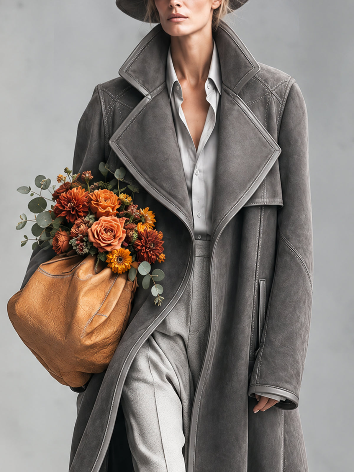 Gray Faux Suede Long Coat With Leather Bound Edges