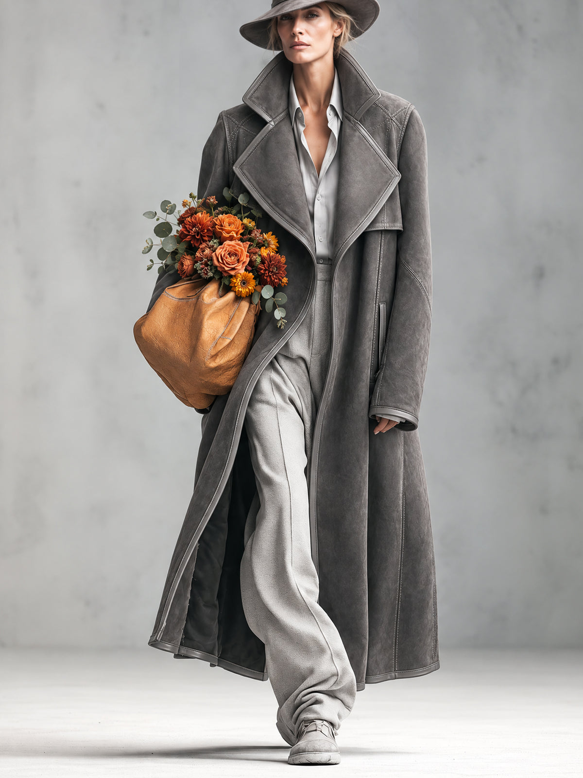 Gray Faux Suede Long Coat With Leather Bound Edges