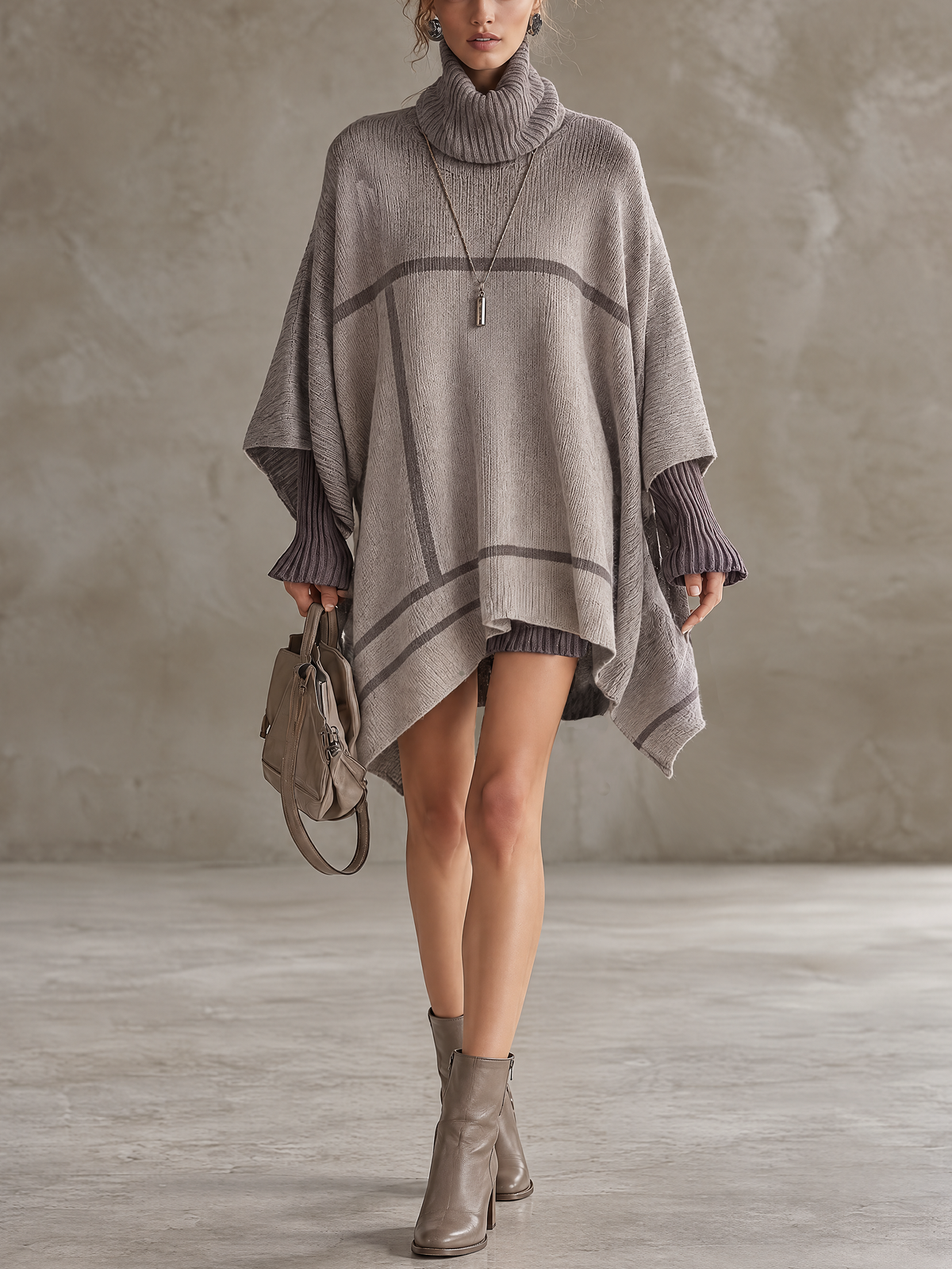 Lavender Faux Two-Piece Turtleneck Poncho Sweater Dress