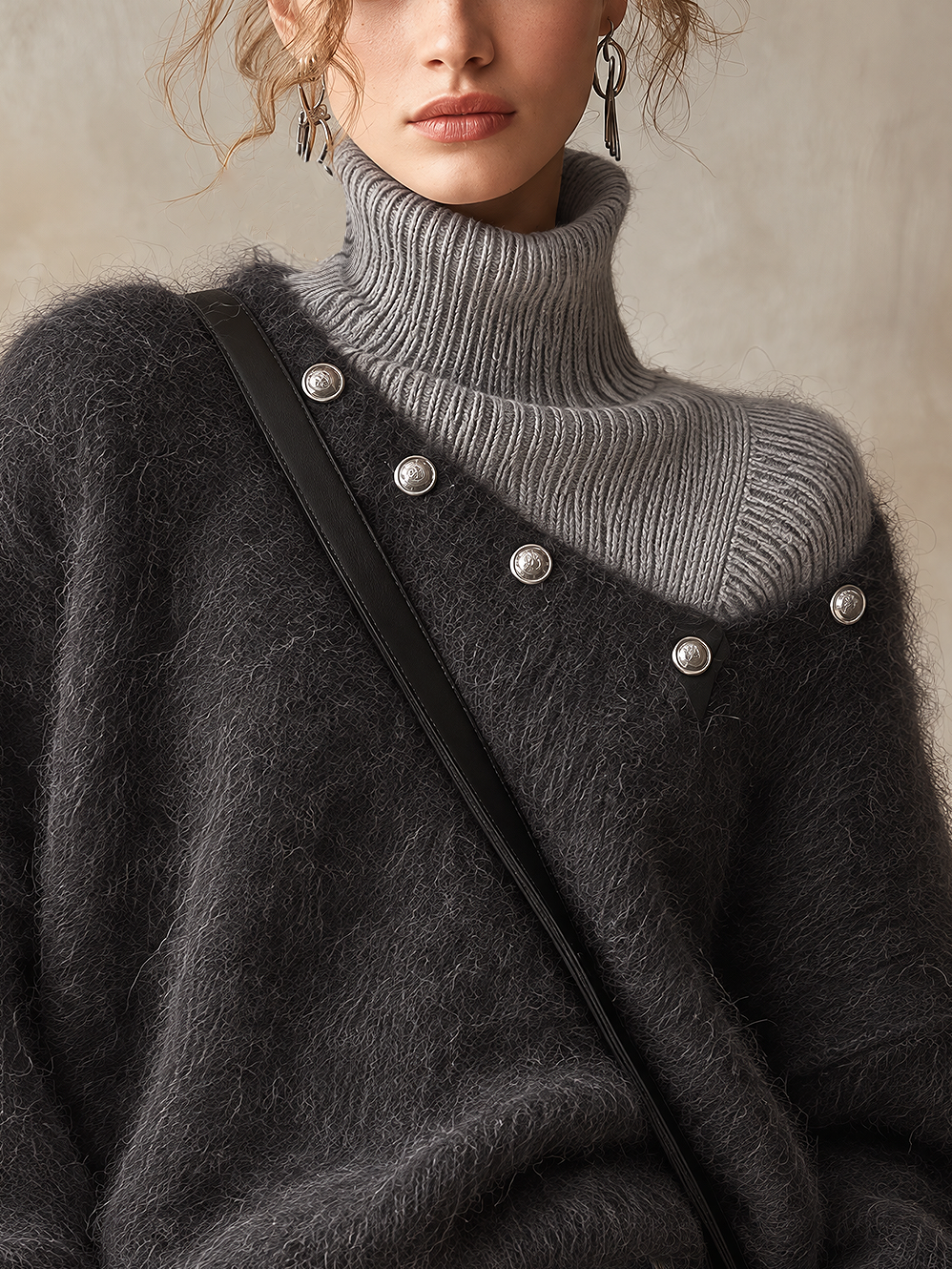 Dark Grey Faux Two-Piece Ribbed Mohair Turtleneck Sweater