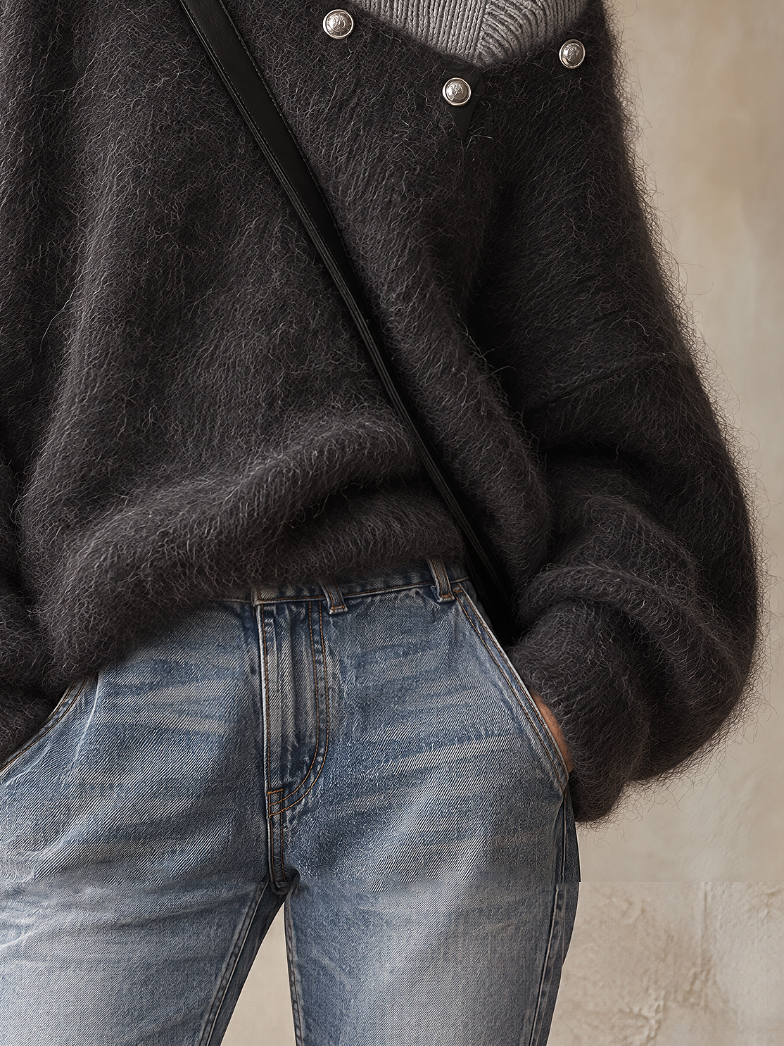 Dark Grey Faux Two-Piece Ribbed Mohair Turtleneck Sweater